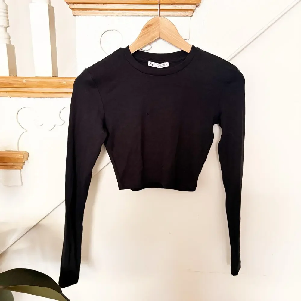 Copied - Zara Long Sleeve Black Crop Top Cotton Blend Crewneck Pullover Size S
